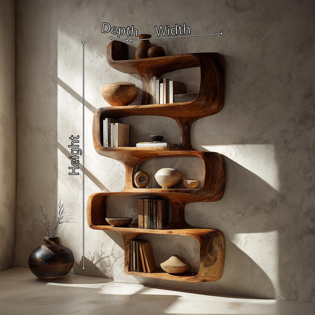 Mid-Century Modern Abstract Bookshelf, Geometric Wooden Bookcase Display Cabinet for Dining Room