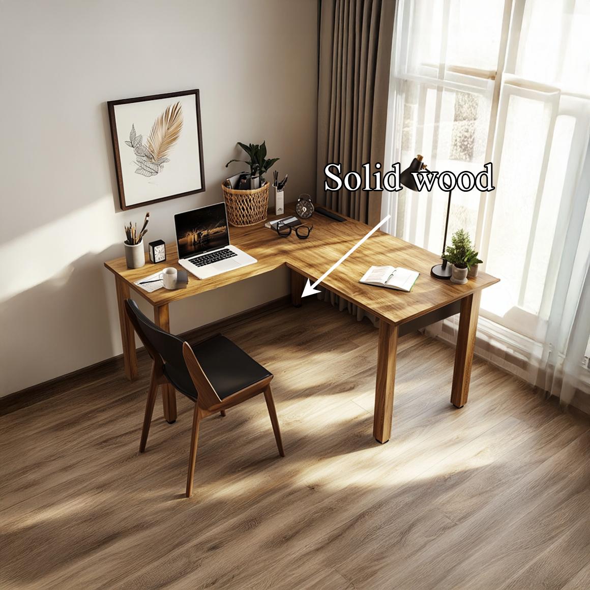 Contemporary Computer Corner Desk, Space Saving Solid Wood Writing L-Shaped Table for Home Office & Work Area