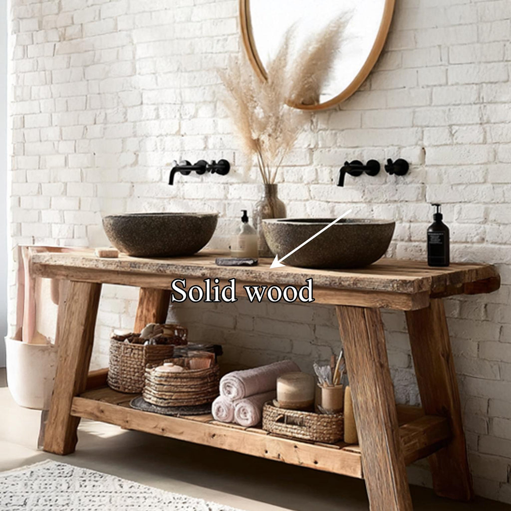 Mid-Century Handmade Washstand, Solid Wood Washroom Vanity Console Table, Single Sink Bathroom Stand Shelf