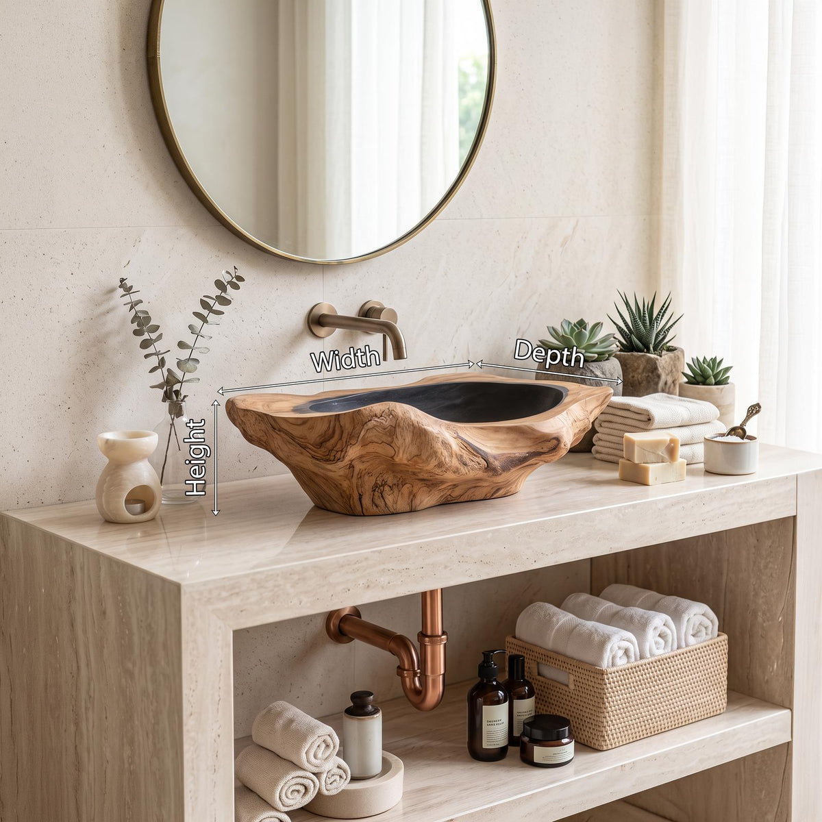 Handcrafted Solid Wood Sink, Live Edge Wooden Vessel Wash Basin Bowl with Natural Wood Grain Texture for Farmhouse Bathroom Vanity