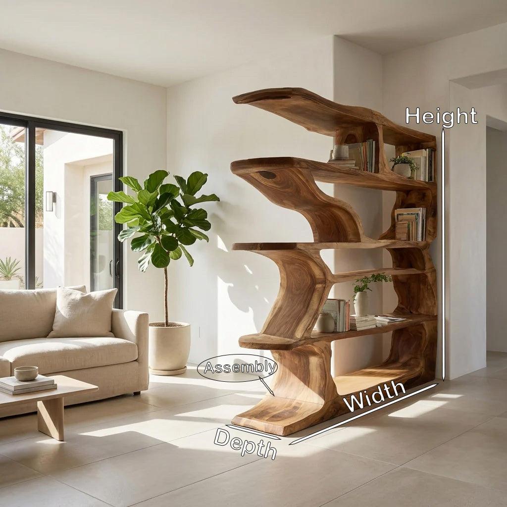 Contemporary Artistic Wooden Bookshelf, Handcrafted Solid Wood Bookcase with Open Shelves for Living Room Storage