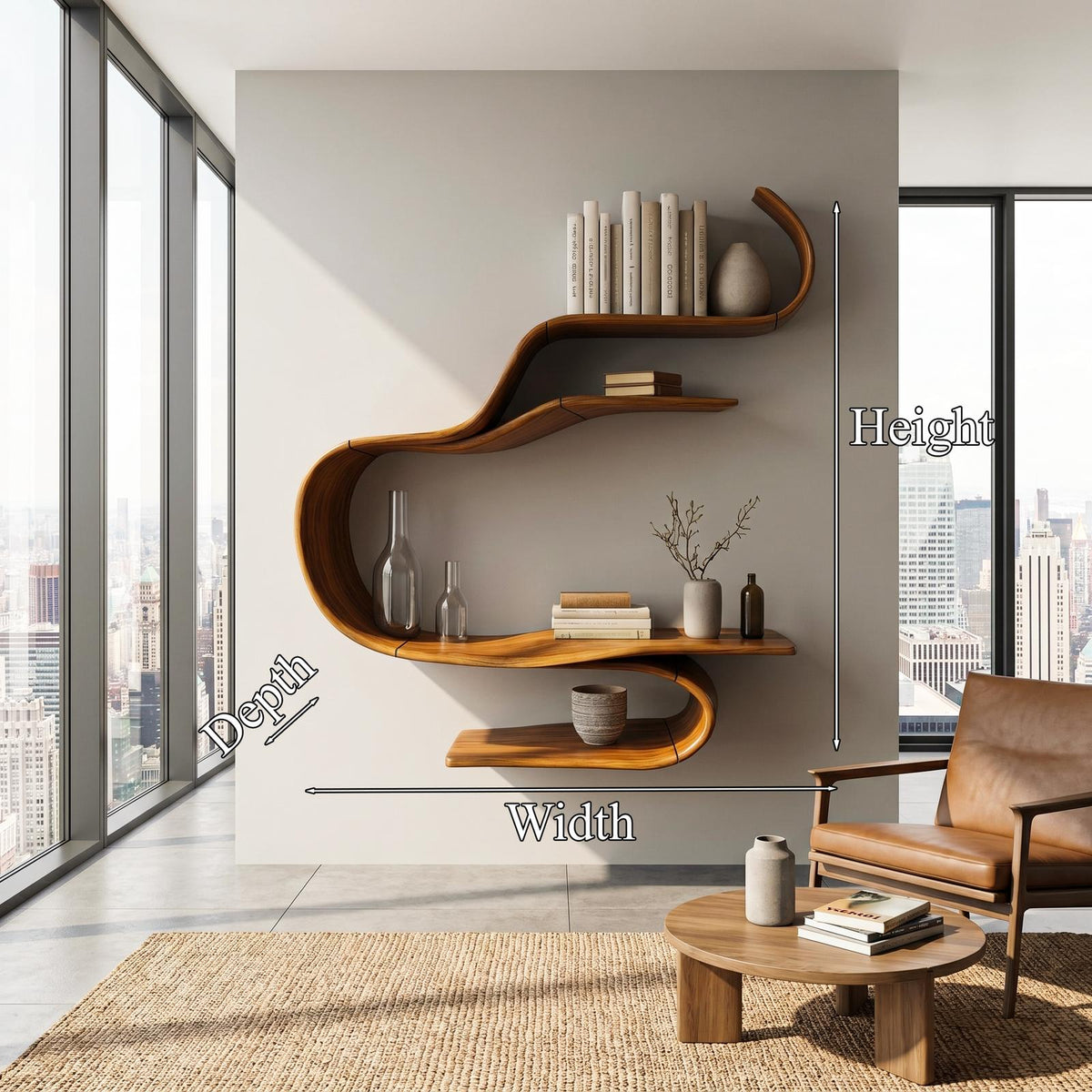Sculptural Curved Floating Wall Shelf, Modern Solid Wood Display Shelf for Living Room, Bedroom Decor