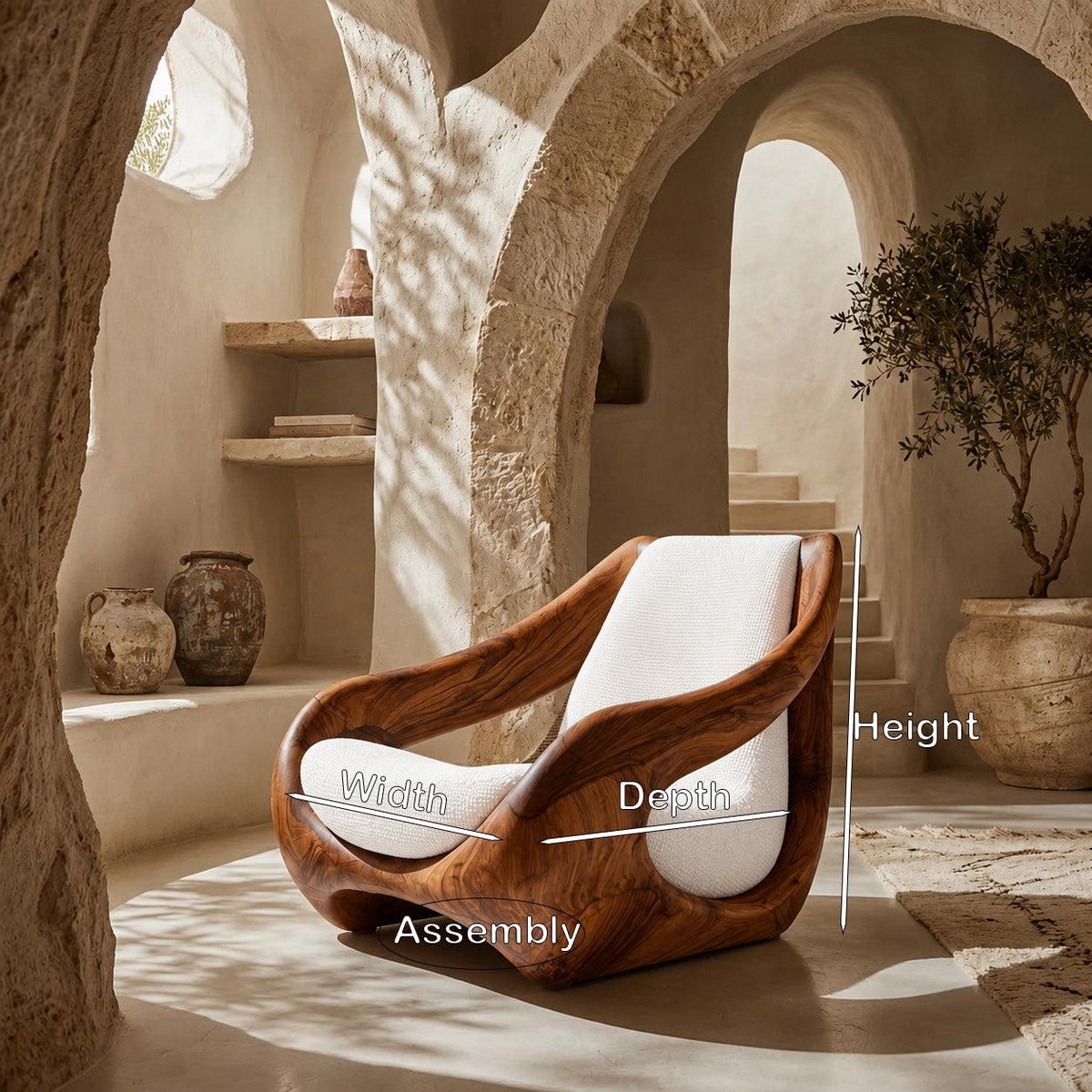 Sculptural Natural Wood Accent Chair, Artistic Handcrafted Solid Wood Lounge Armchair for Living Room