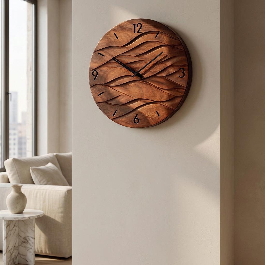 Organic Modern Wood Wave Wall Clock, 3D Hand-Carved Fluid Abstract Clock for Living Room & Bedroom Decor