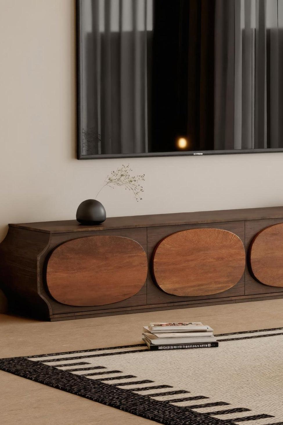 Modern Rounded Wood TV Console, Curved Media Stand & Entertainment Center Cabinet for Living Room