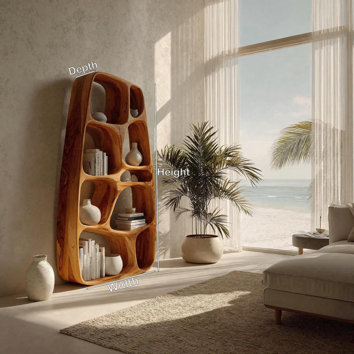 Handcrafted Wooden Sculptural Bookshelf, Solid Wood Standing Bookcase for Modern Living Room & Office Decor