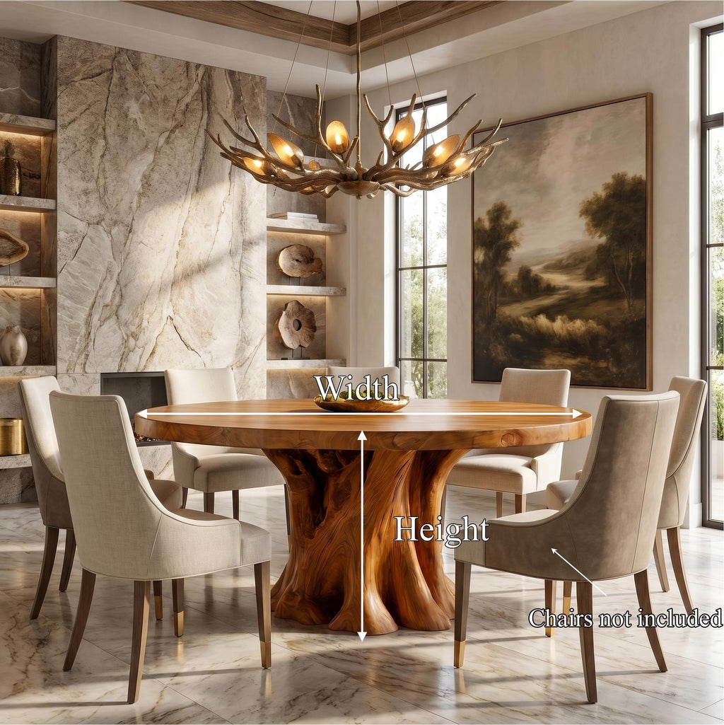 Rustic Round Dining Table With Solid Wood Sculptural Base For Dining Room