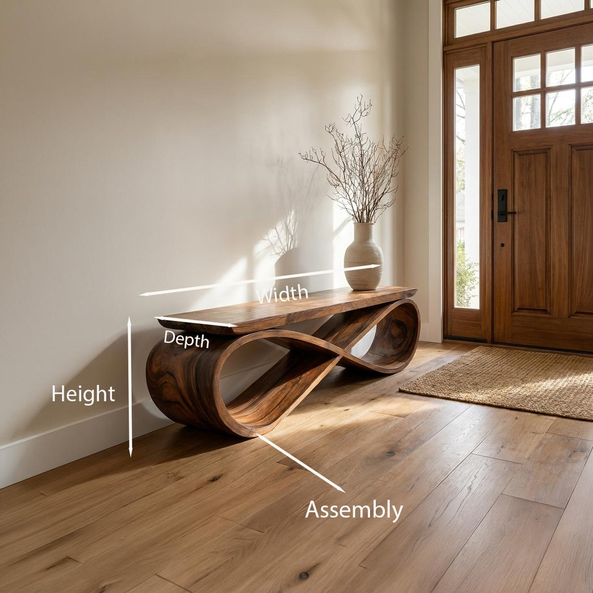 Infinity Loop Sculptural Bench, Contemporary Handcrafted Solid Wood Curved Bench Seat for Entryway & Living Room