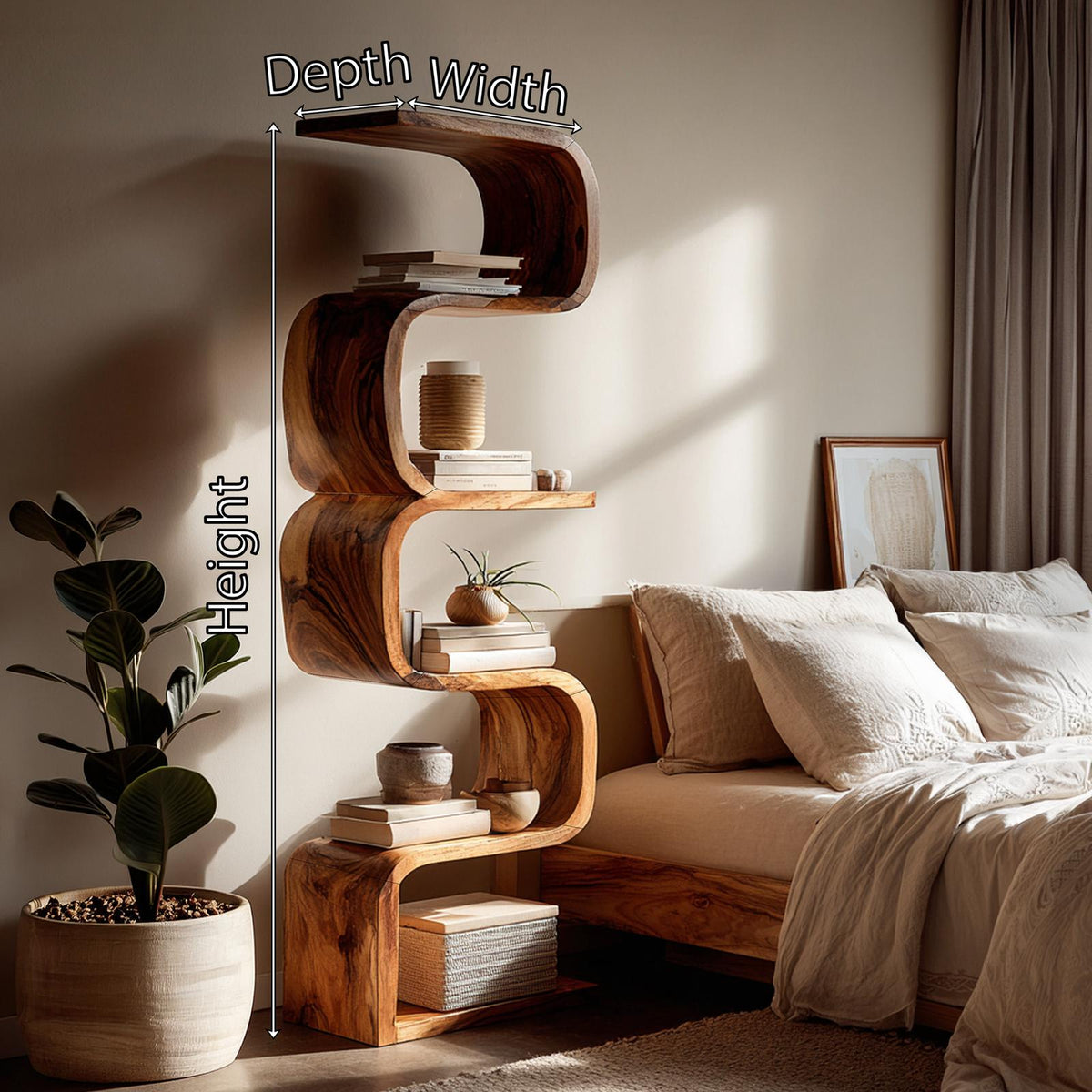 Rustic Farmhouse Wavy Bookshelf, Unique Wooden Bookcase Storage Shelf for Living Room & Bedroom