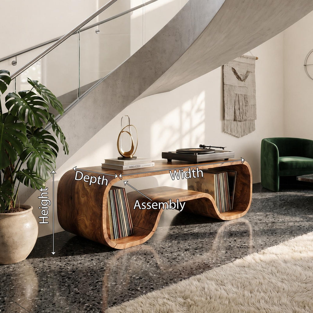 Organic Wave Wood Turntable Stand, Handcrafted Modern Vinyl Record Storage Cabinet with LP Album Shelf, Model