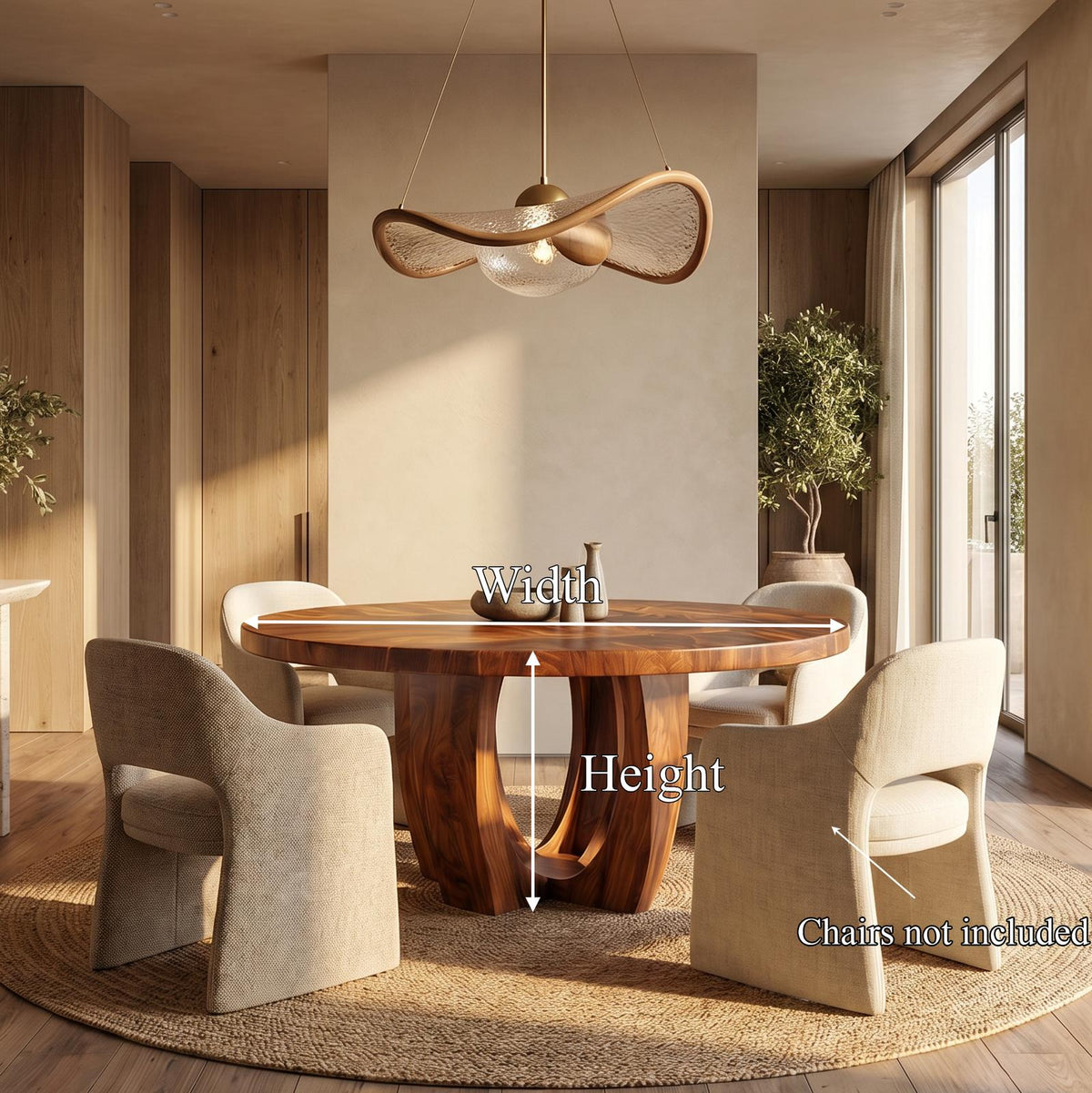 Modern Round Dining Table with Sculptural Wood Base, Handcrafted Solid Wood Kitchen Dining Room Table