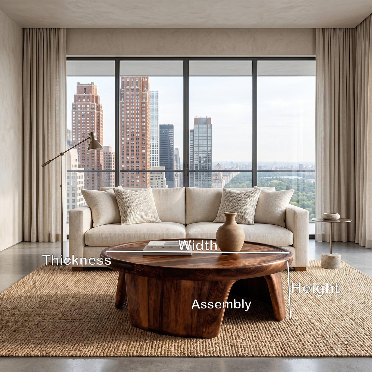 Modern Wooden Coffee Table with Triple Pedestal Base, Unique Round Wood Center Table for Living Room, Model
