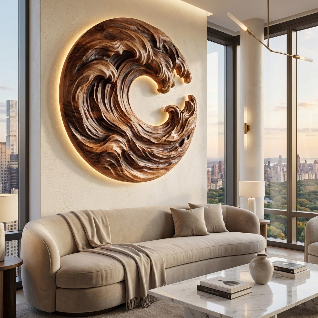 Organic Wooden Wave Wall Art, 3D Hand-Carved Ocean Wave Wood Wall Sculpture Panel for Coastal Living Room