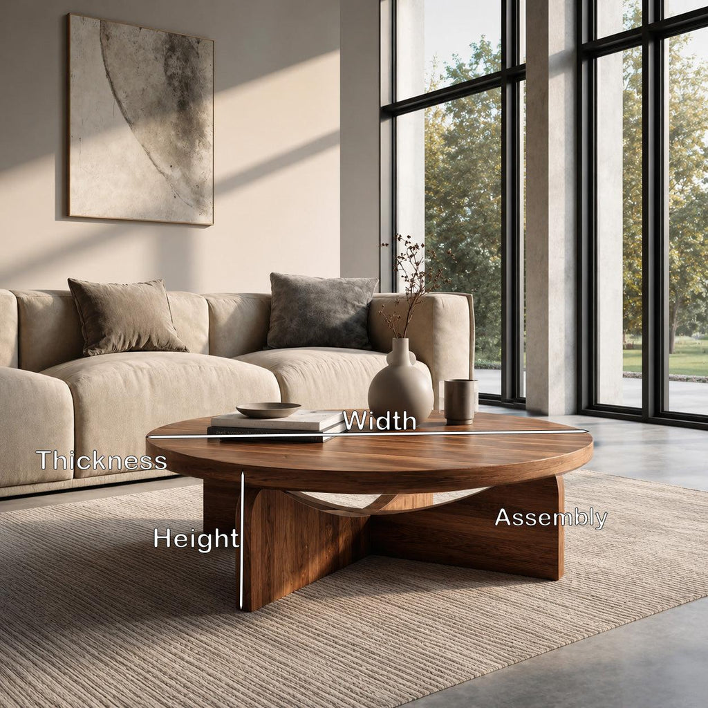 Modern Round Wood Coffee Table with Unique Geometric Base, Contemporary Solid Wood Center Table, Model