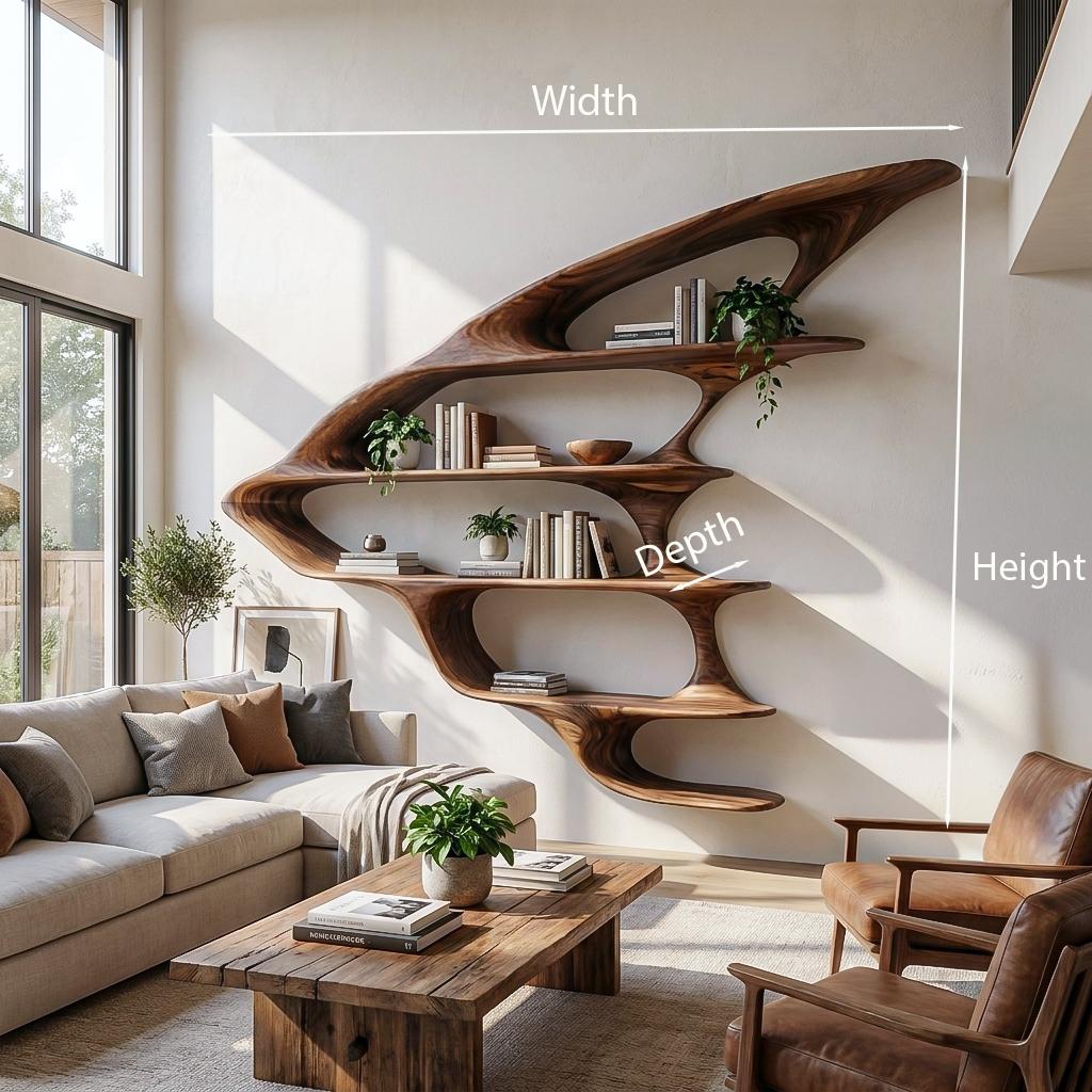 Wooden Floating Bookshelf with Unique Sculptural Design, Handcrafted Wall Mounted Display for Living Room & Office