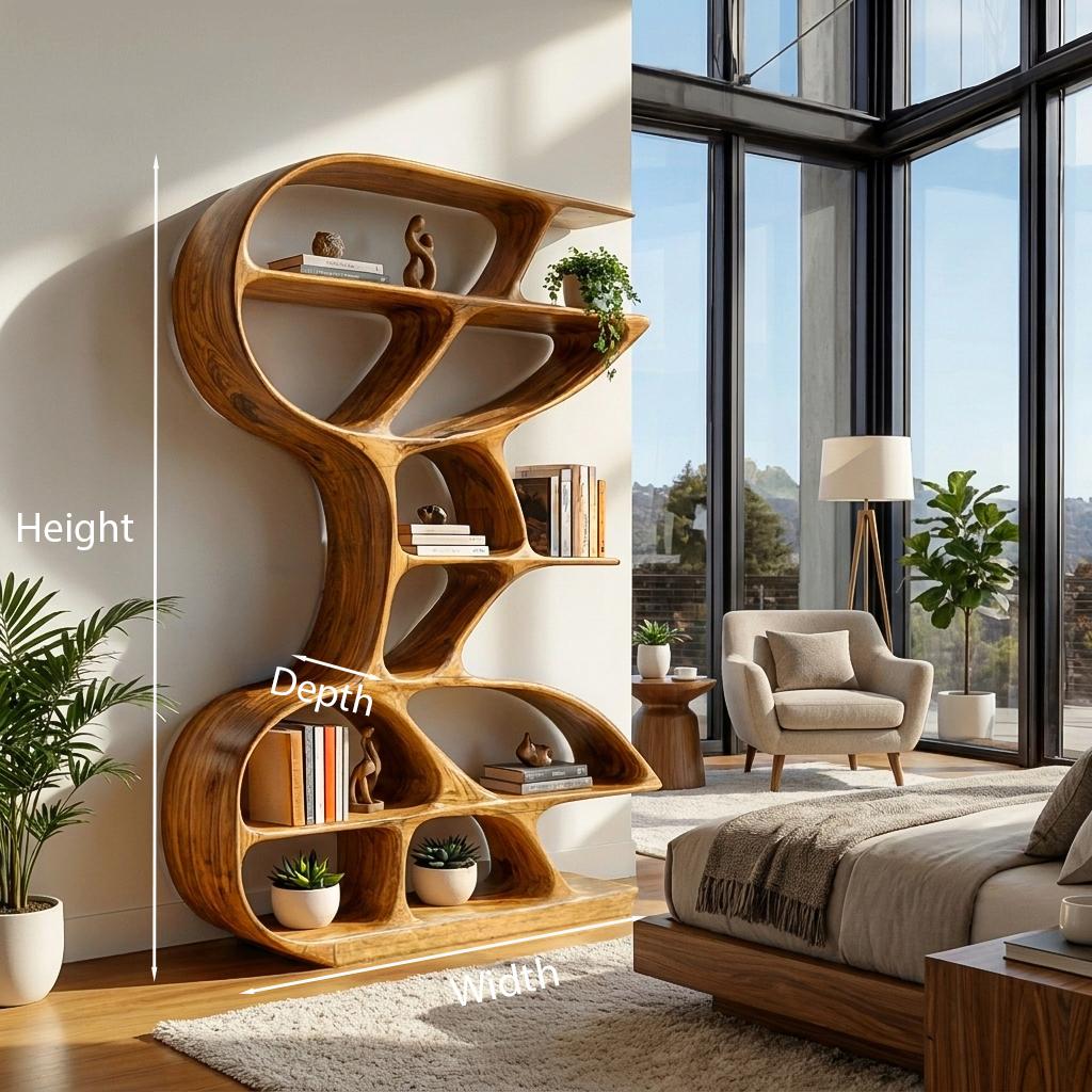 Wooden Bookshelf with Unique Sculptural Design, Handcrafted Solid Wood Bookcase for Modern Living Room & Office
