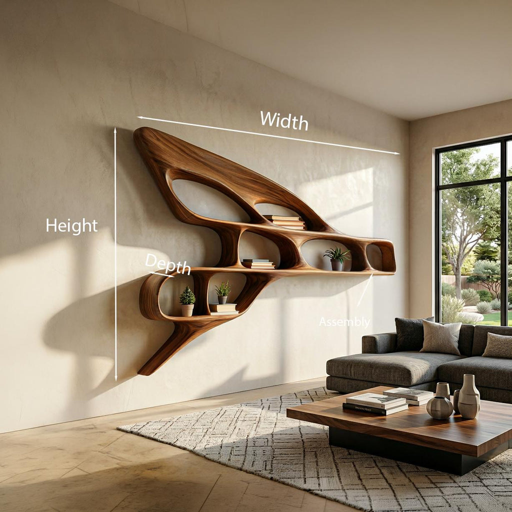 Organic Wooden Wall Bookshelf, Handcrafted Floating Wood Shelf Unit for Luxury Living Room & Office Interior