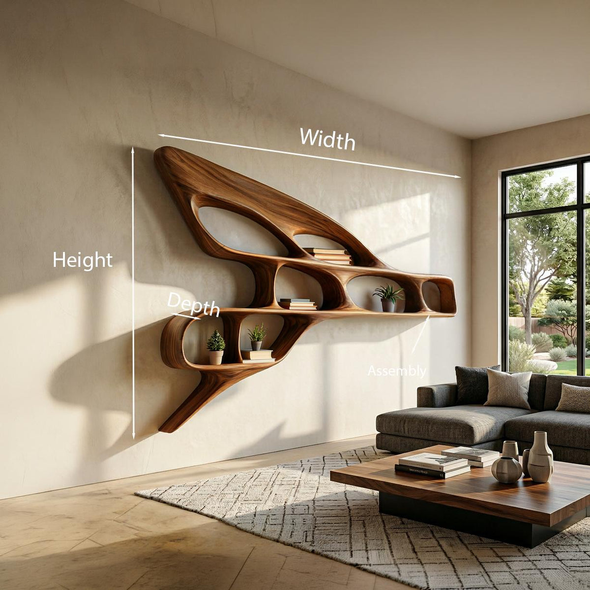 Organic Wooden Wall Bookshelf, Handcrafted Floating Wood Shelf Unit for Luxury Living Room & Office Interior