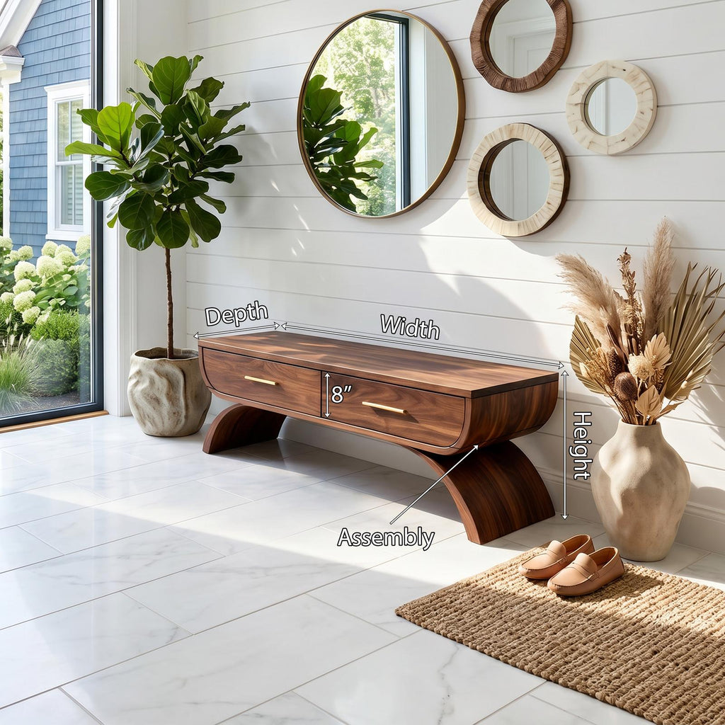 Contemporary Storage Bench with Pull-Out Drawer, Wood Mudroom Entryway Bench & Foyer Storage Organizer