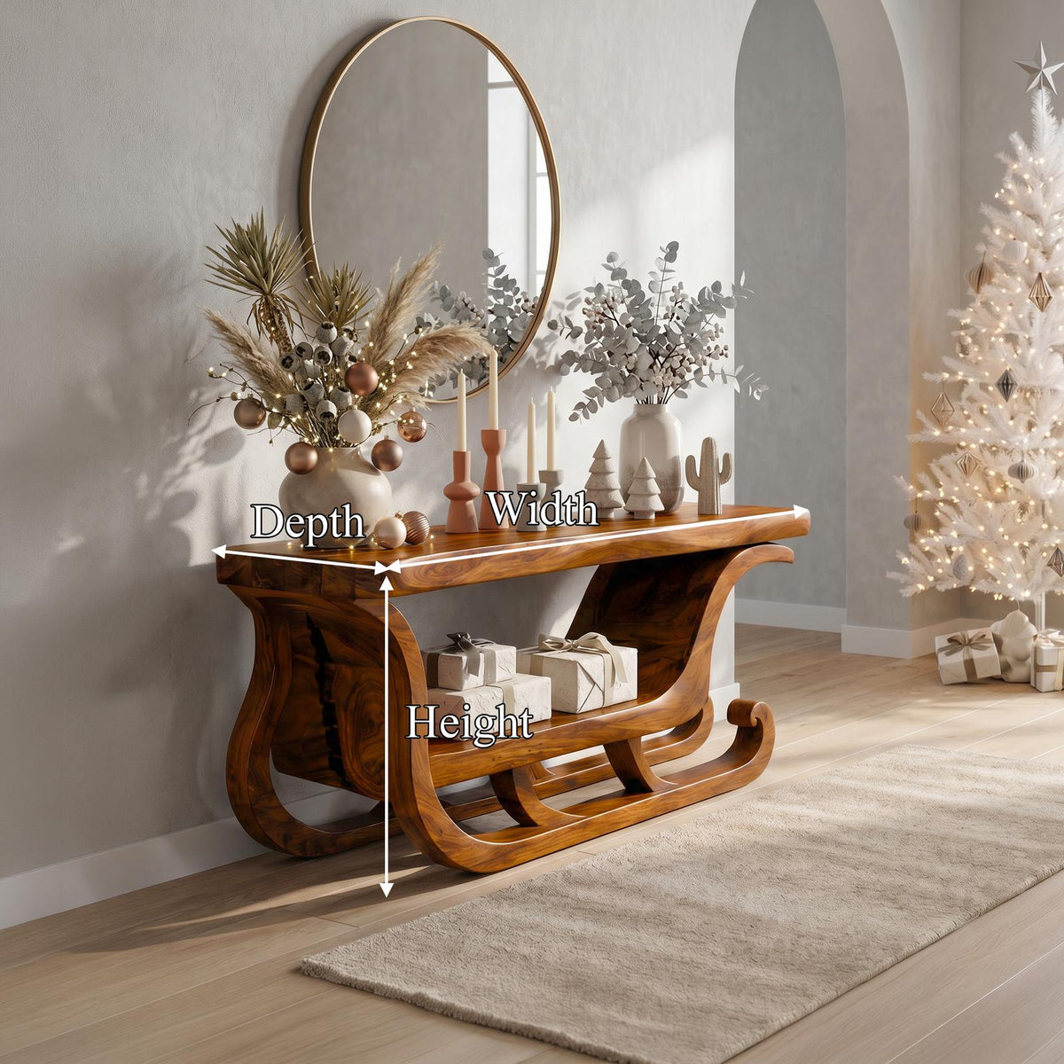 Organic Modern Console Table With Christmas Sleigh Inspired Design For Entryway And Living Room SINLSACS681