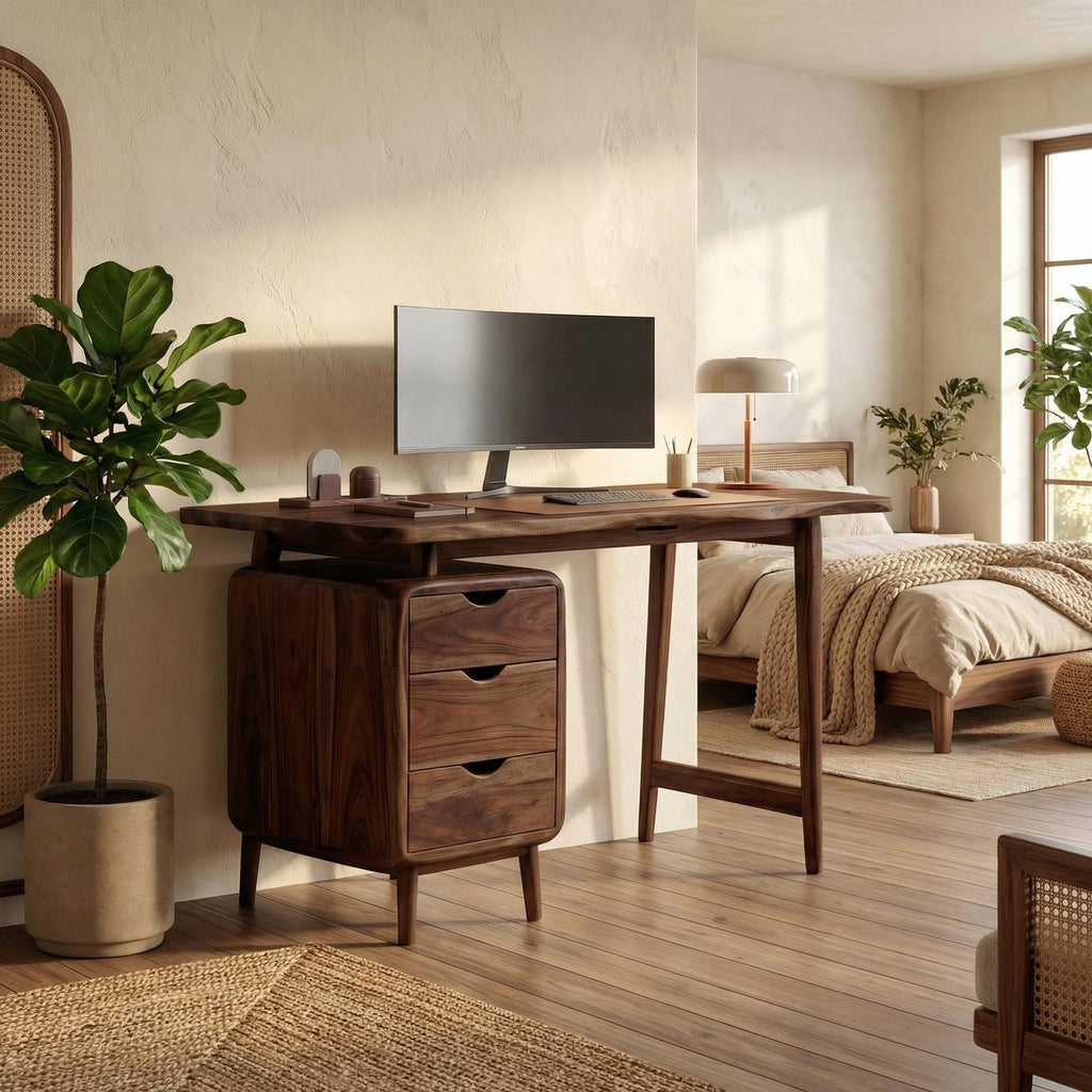 Mid Century Storage Desk, Solid Wood Computer Desk with Drawers for Home Office & Bedroom