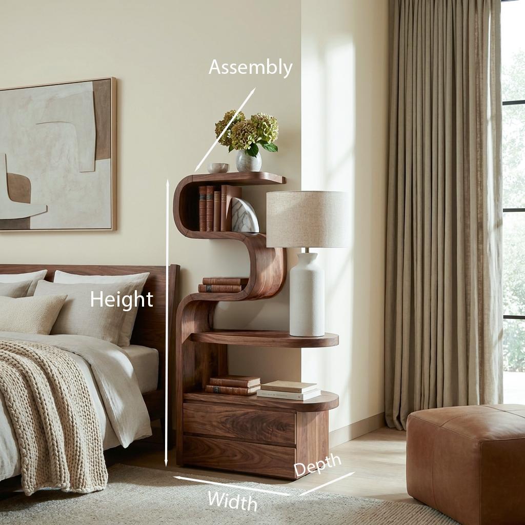 Sculpted Solid Wood Nightstand, Modern Bedside Table with Storage Shelves & Drawers for Bedroom