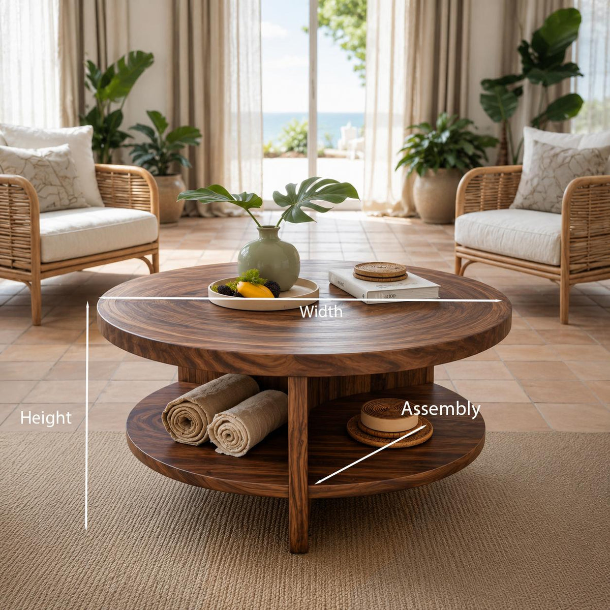 Tropical Round Wooden Coffee Table with Storage Shelf, Coastal Style Lounge Center Table, Model