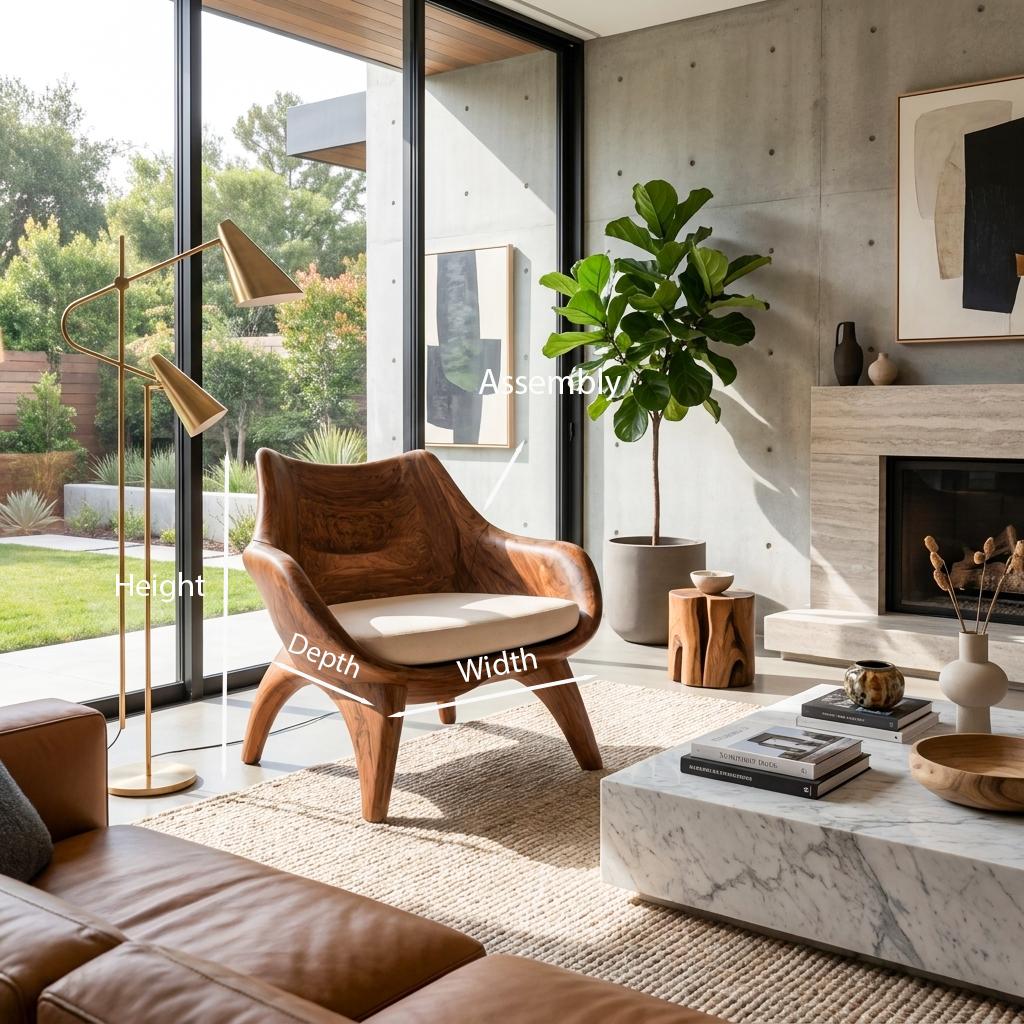 Modern Sculptural Lounge Chair, Handcrafted Wood Accent Armchair with Artistic Curved Frame for Living Room