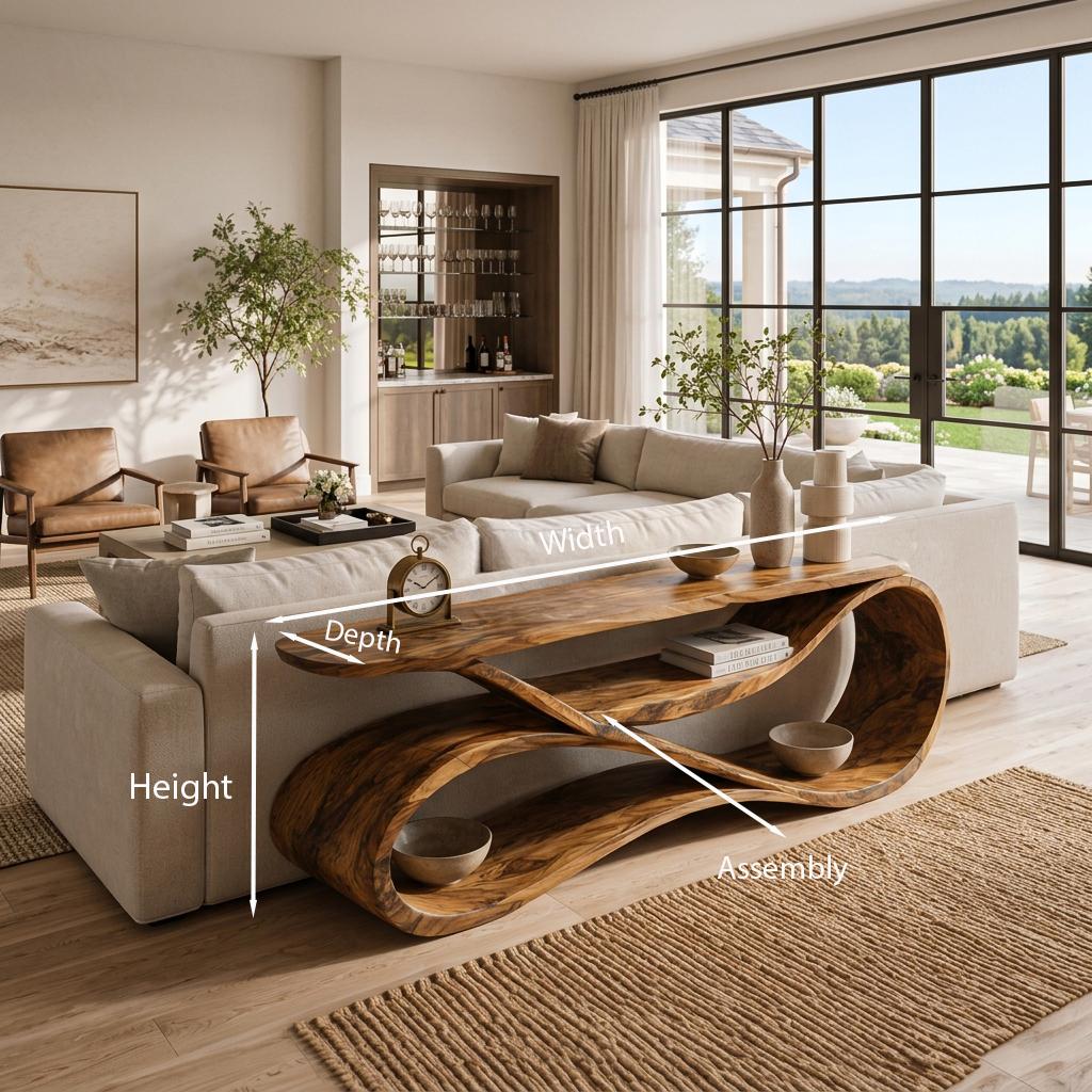 Modern Wooden Console Table Flowing Shelf Design For Living