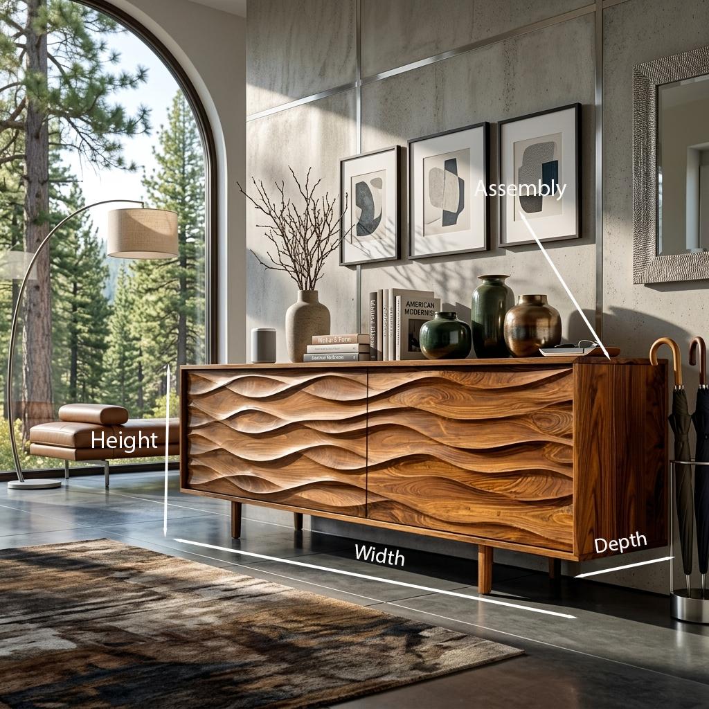 Contemporary Sideboard with Carved Wave Front Panels, Handcrafted Solid Wood Credenza Buffet Cabinet for Home, Model