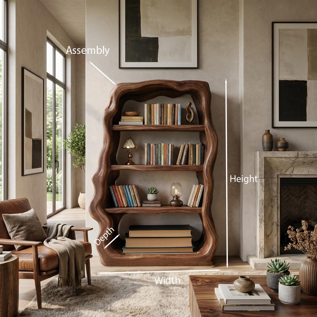 Rustic Sculptural Wooden Bookshelf, Carved Frame Solid Wood Bookcase for Living Room, Library, Office Storage