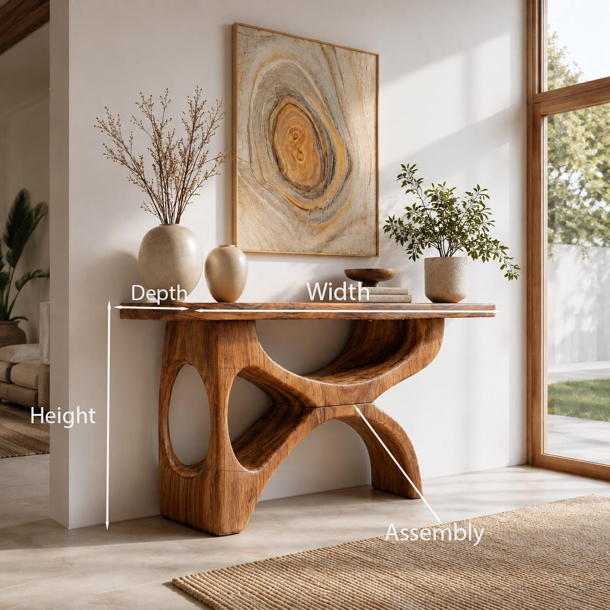 Modern Wooden Console Table With Sculptural Base For Living Decor