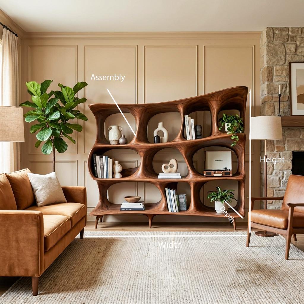 Organic Carved Bookshelf, Handcrafted Solid Wood Standing Bookcase for Living Room Display & Home Office Storage