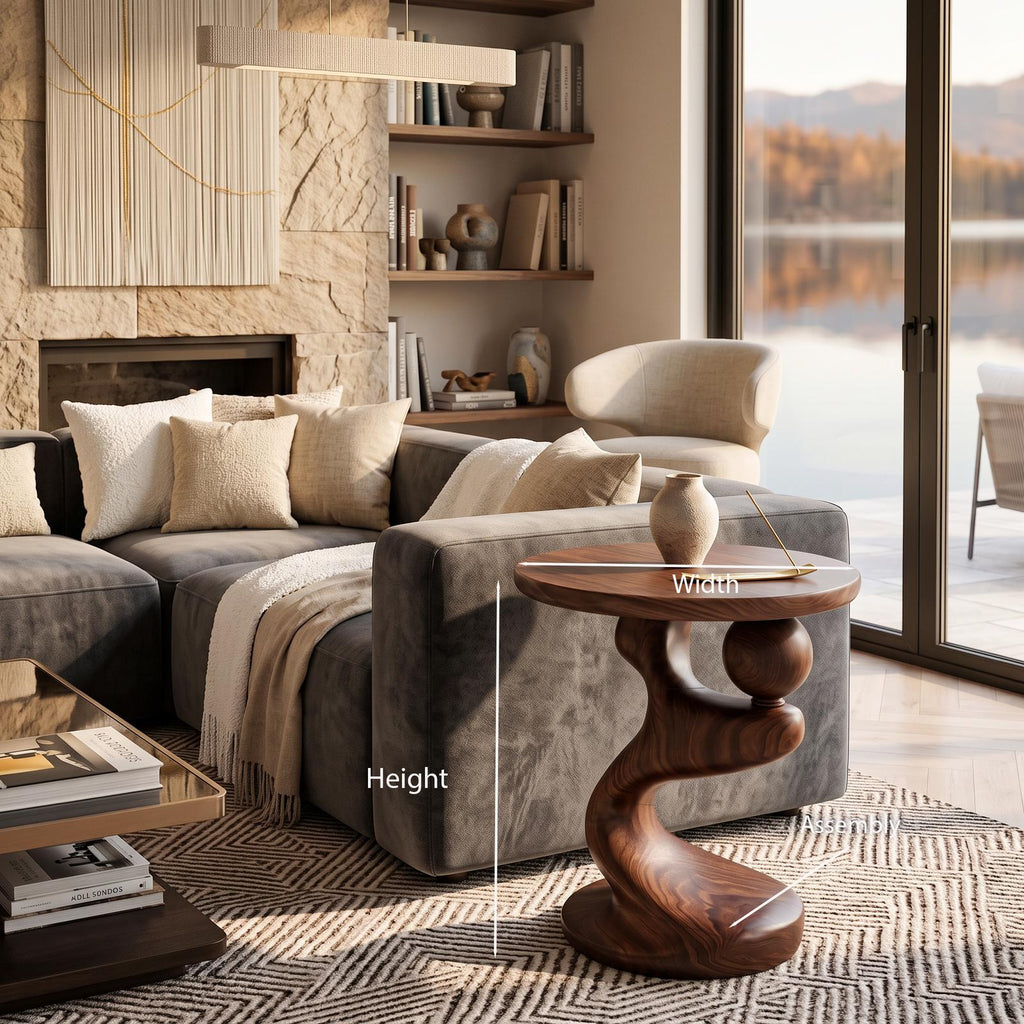 Modern Sculpted Wood Side Table, Artistic Curved Base Solid Wood End Table & Nightstand for Living Room, Bedroom