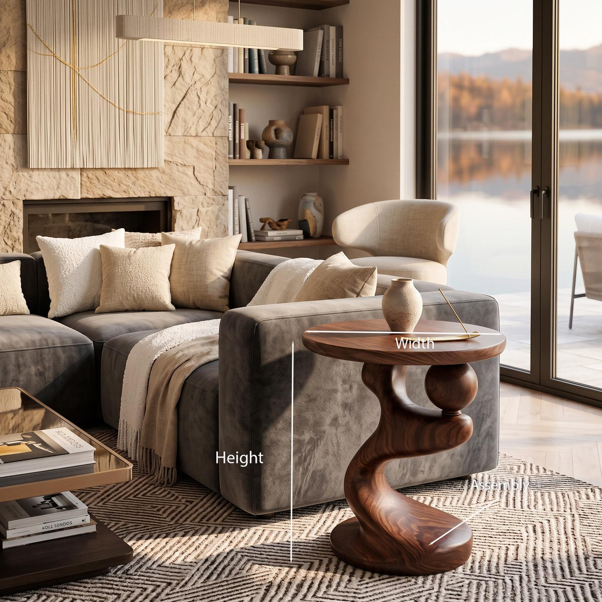 Modern Sculpted Wood Side Table, Artistic Curved Base Solid Wood End Table & Nightstand for Living Room, Bedroom