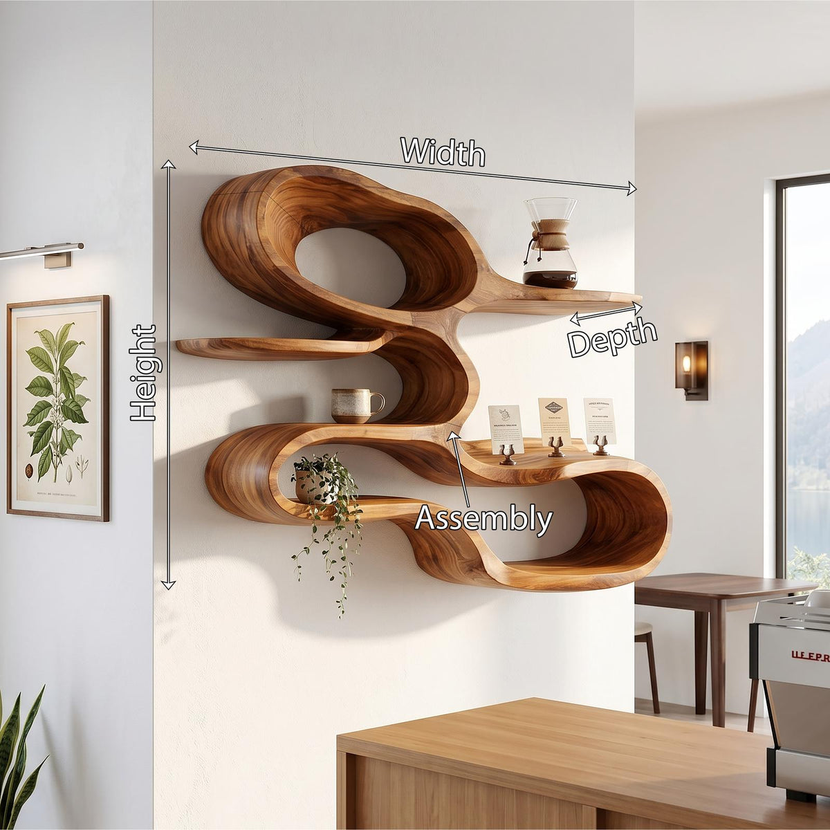 Modern Sculptural Wooden Wall Shelves for Coffee Bar