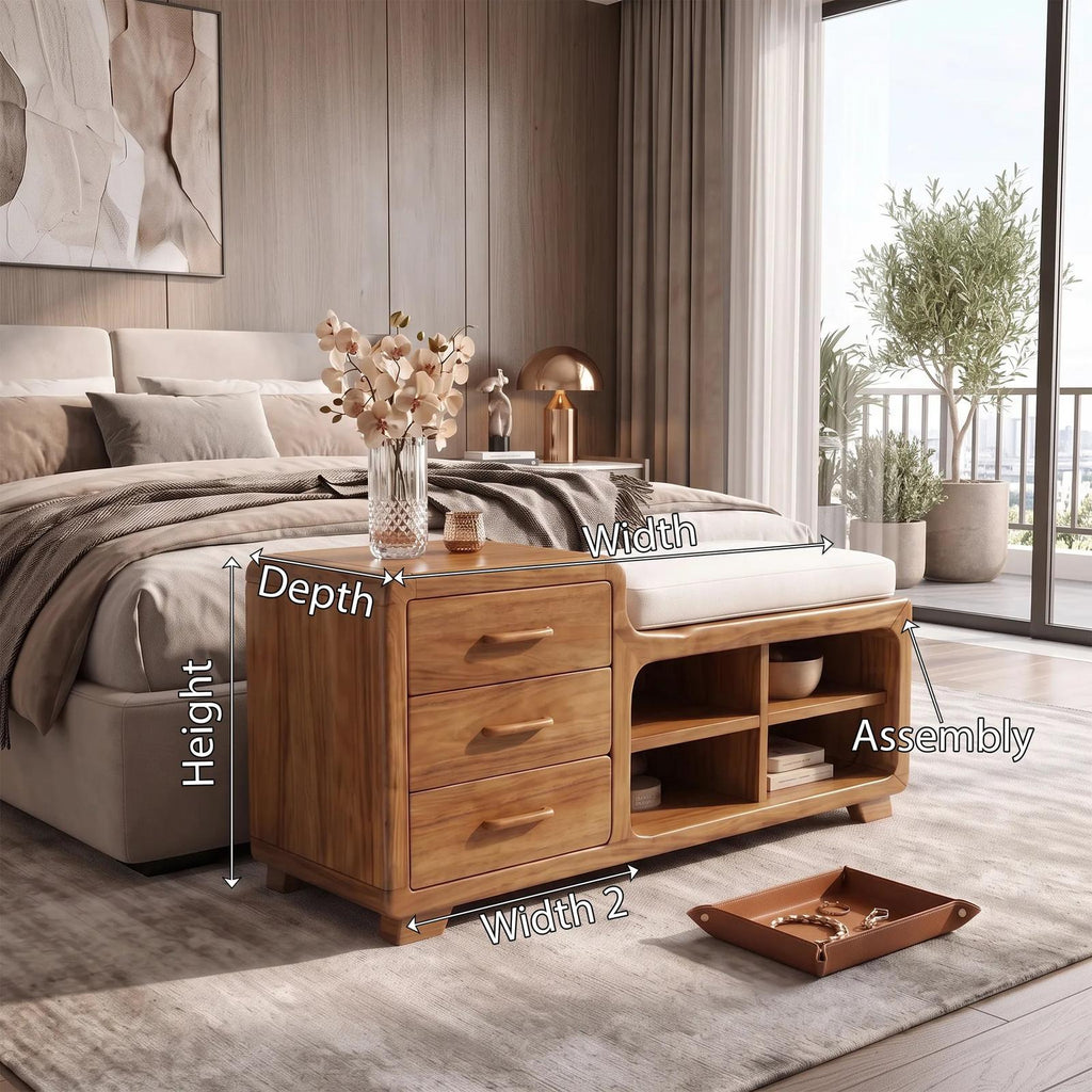 Modern Wooden Storage Bench Drawers Cushion For Bedroom Decor