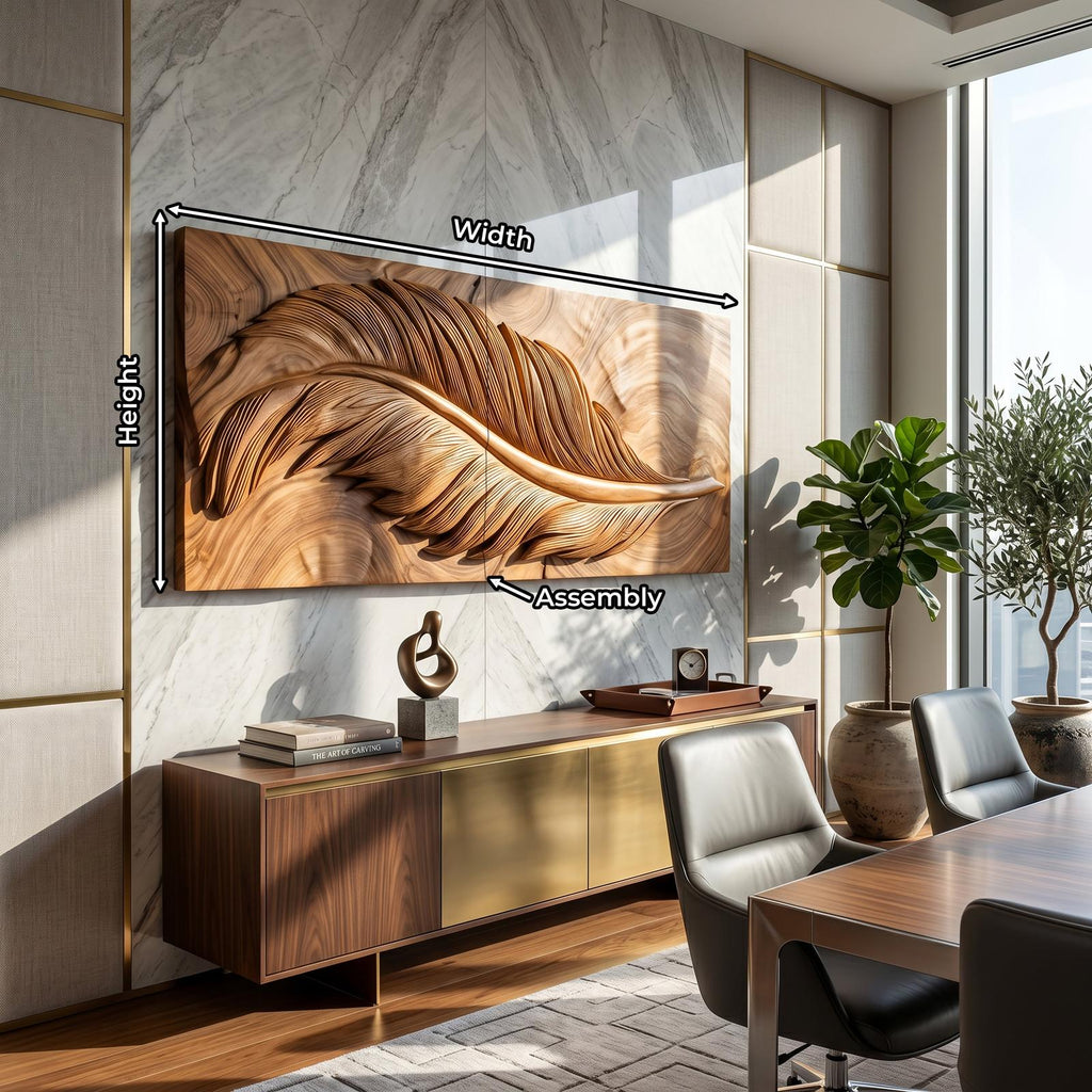 Luxury Wooden Wall Art with Feather Design, Carved Wood Feather Wall Decor Panel