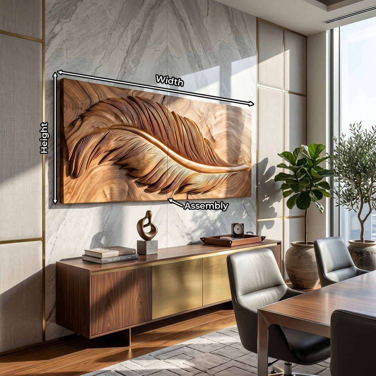 Luxury Wooden Wall Art with Feather Design, Carved Wood Feather Wall Decor Panel
