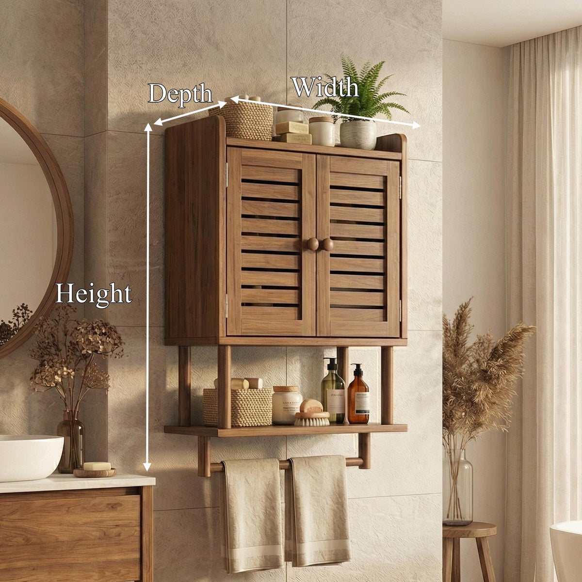 Solid Wood Bathroom Cabinet, Rustic Wall-Mounted Storage Organizer Cupboard for Bathroom Space