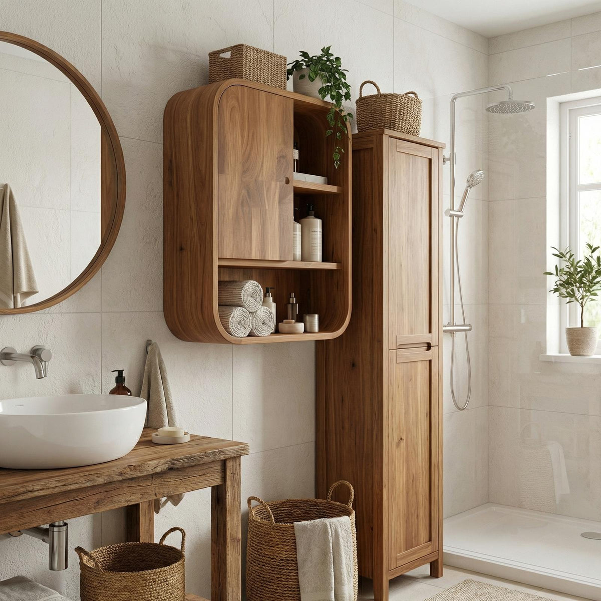 Organic Bathroom Cabinet, Solid Wood Rustic Storage Cupboard & Wall Organizer for Bathroom