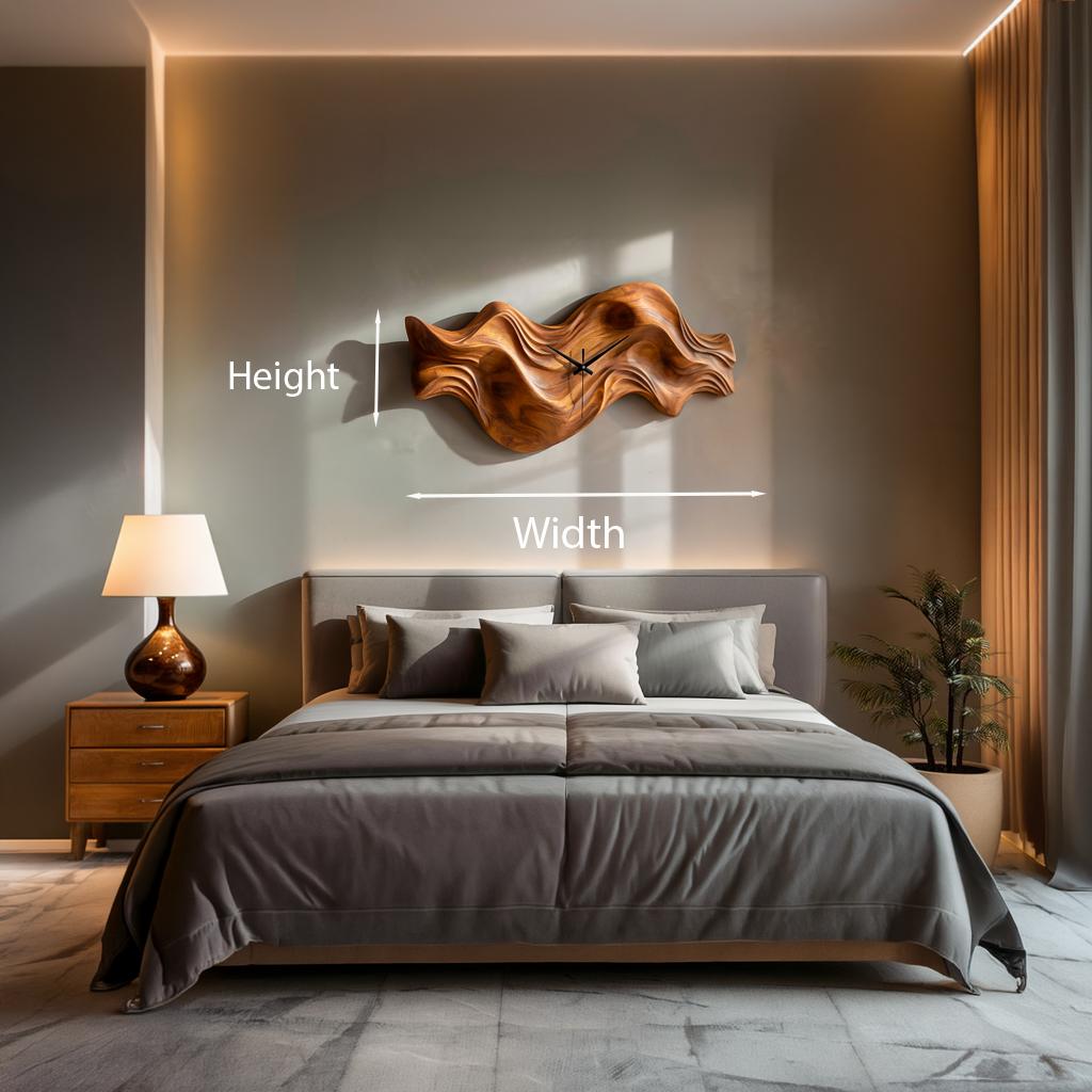 Modern Wooden Wall Clock, Organic Wave Solid Wood Hanging Art Timepiece for Cozy Bedroom Decor