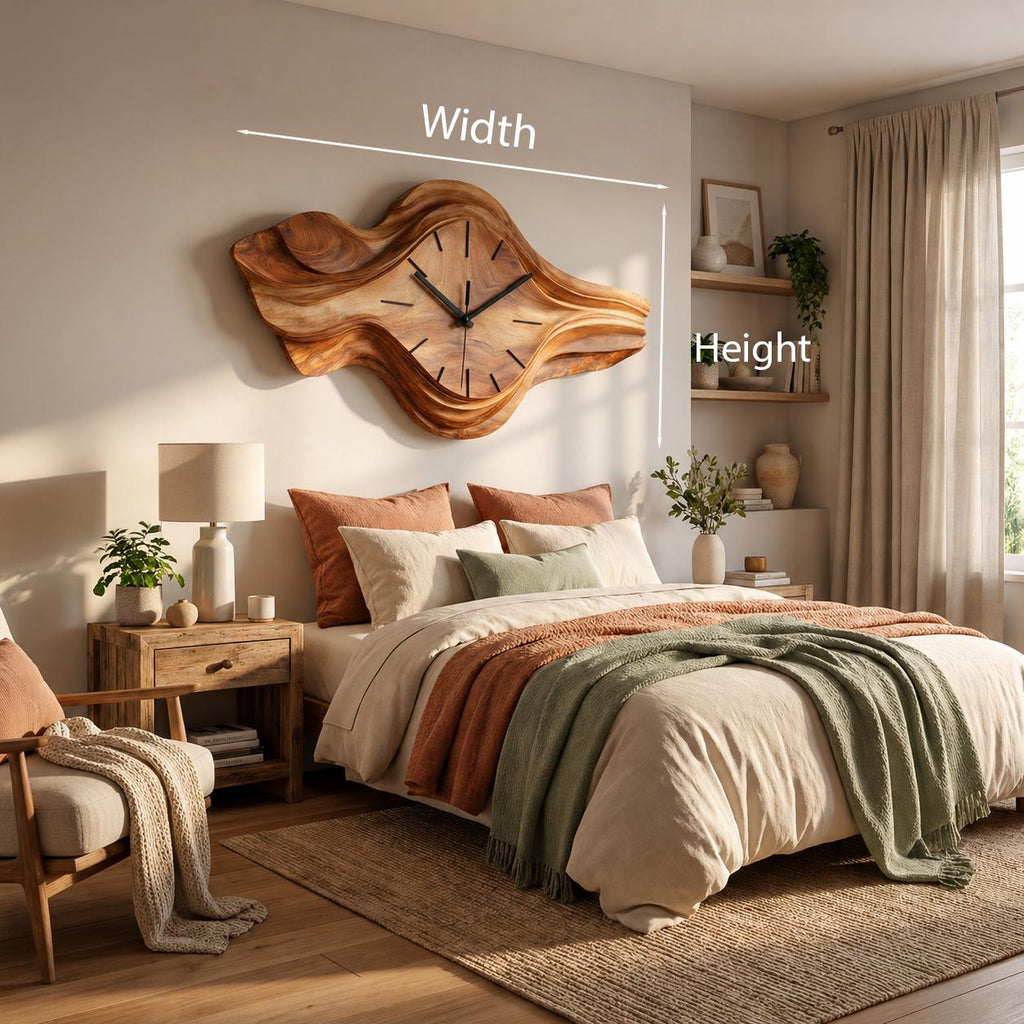 Organic Wooden Wall Clock, Sculptural Wave Design Wood Clock for Bedroom, Living Room & Office Wall Decor