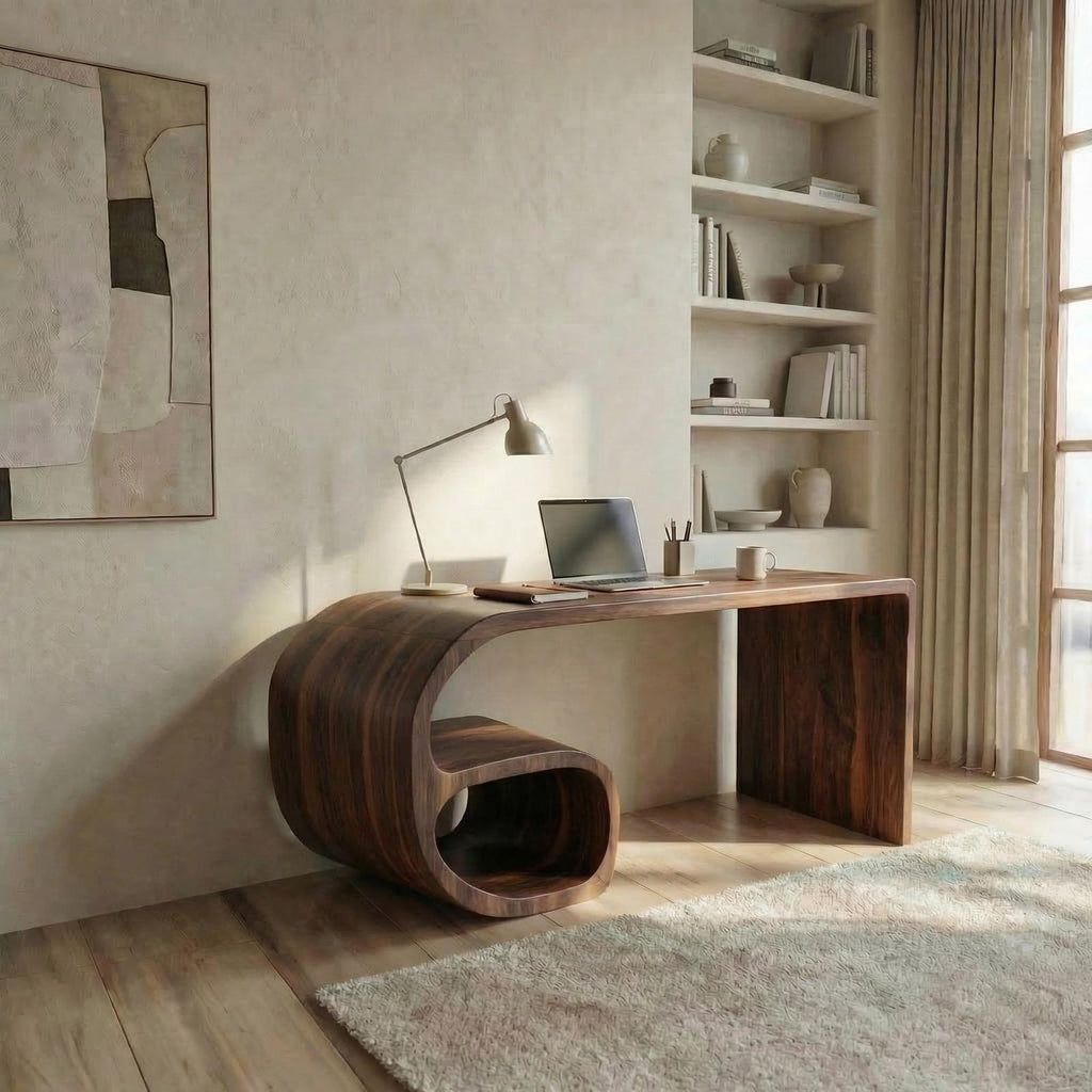Modern Sculptural Desk, Solid Wood Artistic Computer Writing Desk for Home Office