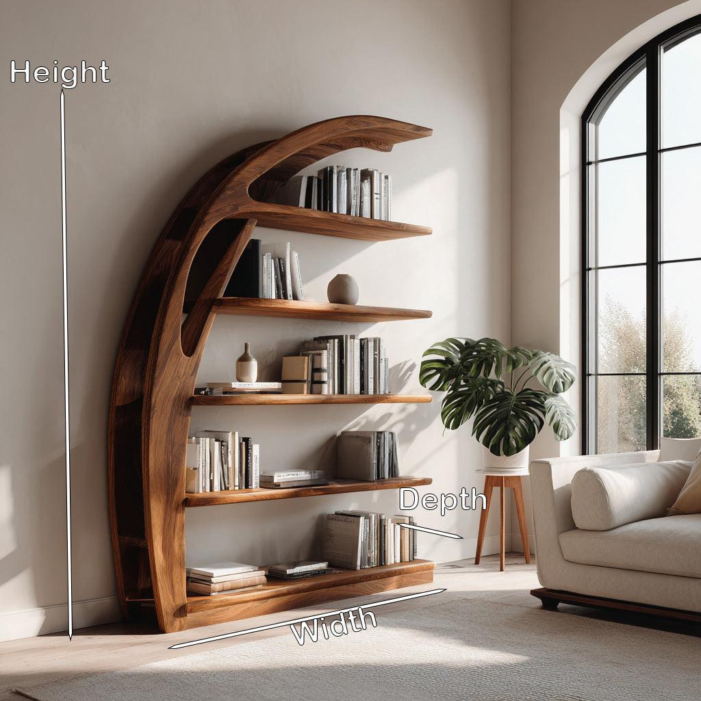 Minimal Curved Wooden Bookshelf, Handcrafted Solid Wood Bookcase for Modern Living Room Display & Office