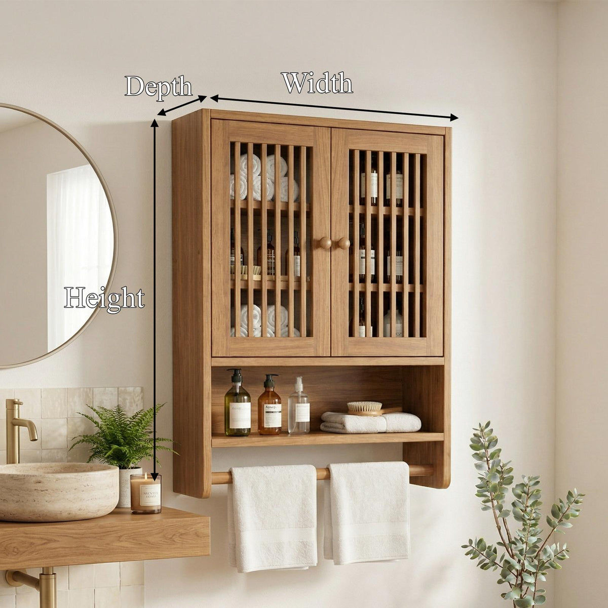 Bathroom Cabinet with Shelves, Solid Wood Wall Storage Organizer Cupboard for Bathroom Space