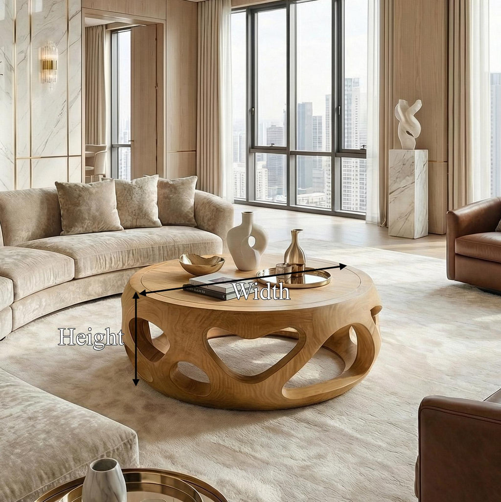 Spry Interior Organic Coffee Table, Solid Wood Circular Hollow Sculptural Center Table, Modern Living Room Furniture, SINLSACF352