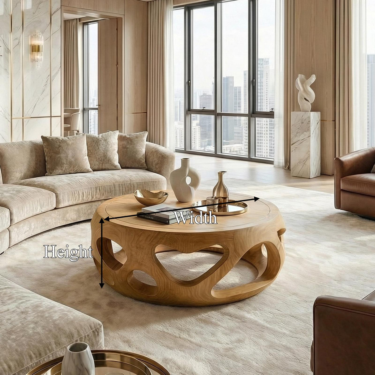 Spry Interior Organic Coffee Table, Solid Wood Circular Hollow Sculptural Center Table, Modern Living Room Furniture, SINLSACF352