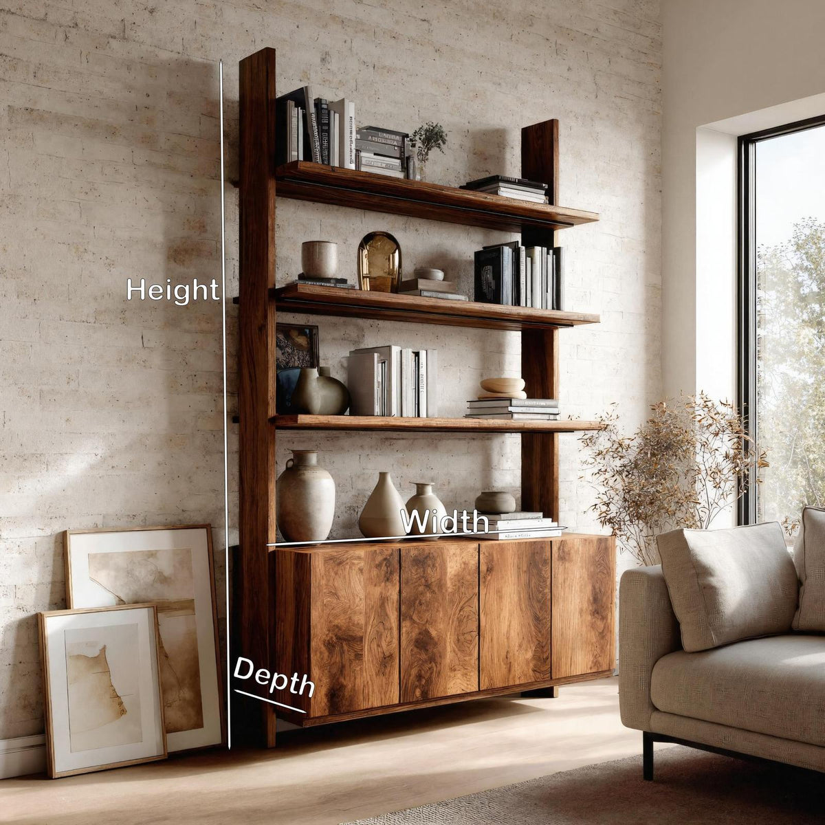 Modern Wood Bookshelf with Open Storage Shelves & Drawers, Handcrafted Bookcase for Living Room & Office