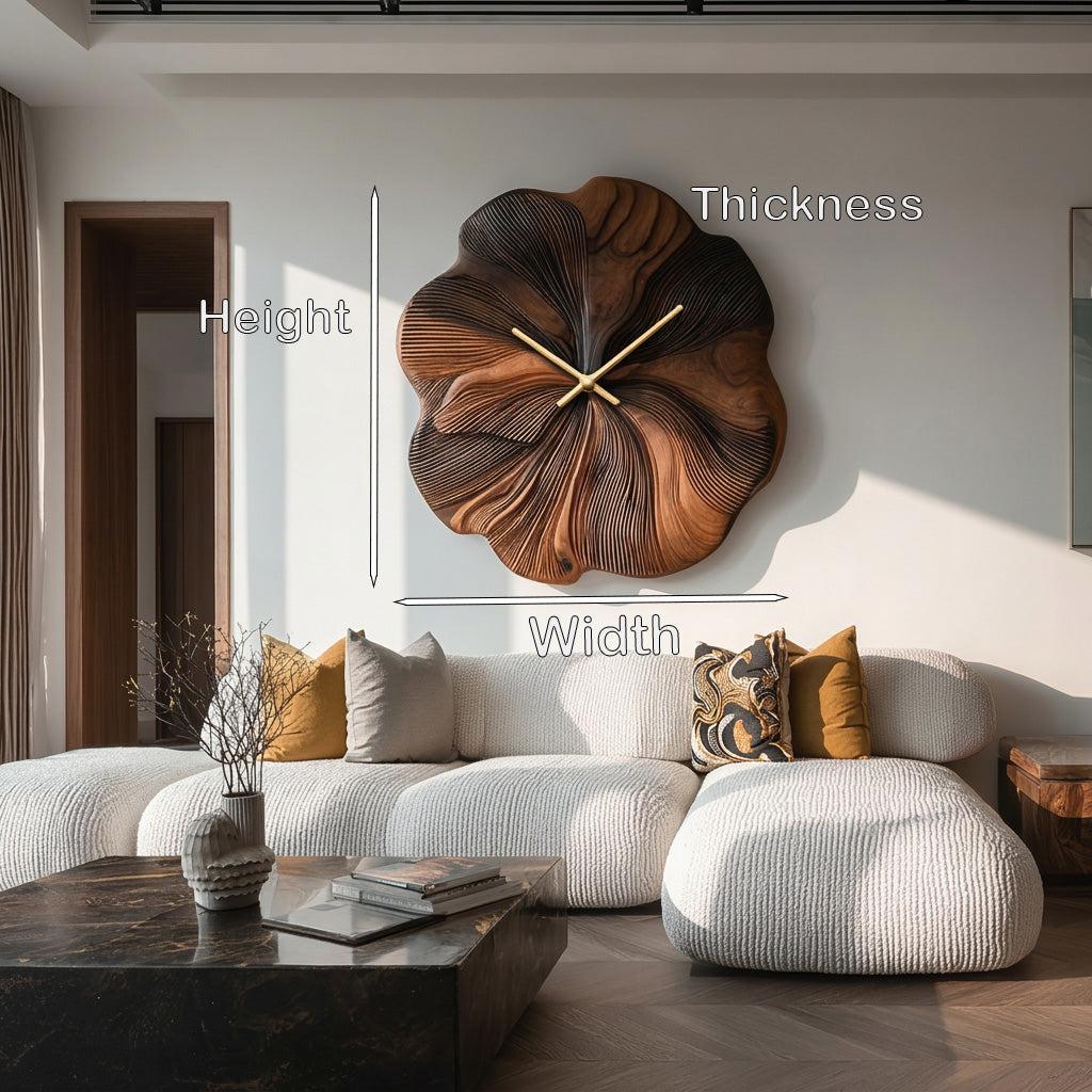 Contemporary Floral Wooden Wall Clock, Handcrafted Flower Shape Solid Wood Timepiece for Living Room